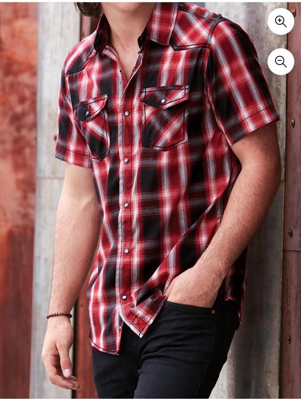 Burnside Red Black Plaid Short Sleeve Button Up Shirt Men’s Large